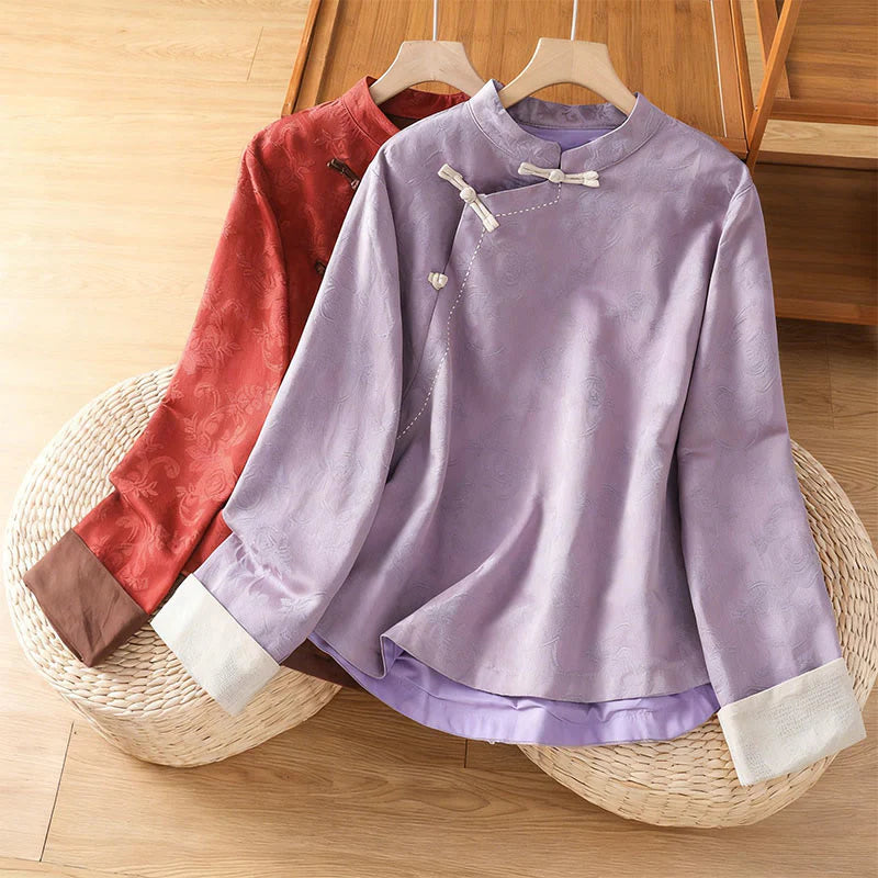 Buddha Stones Fall Jacquard Floral Print Frog-Button Stand Collar Long Sleeve Women's Cotton Shirt