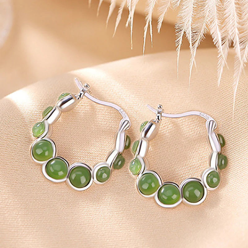 Buddha Stones 925 Sterling Silver Plated Gold Hetian Cyan Jade Pea Ear Clip Prosperity Earrings  (Extra 30% Off | USE CODE: FS30)