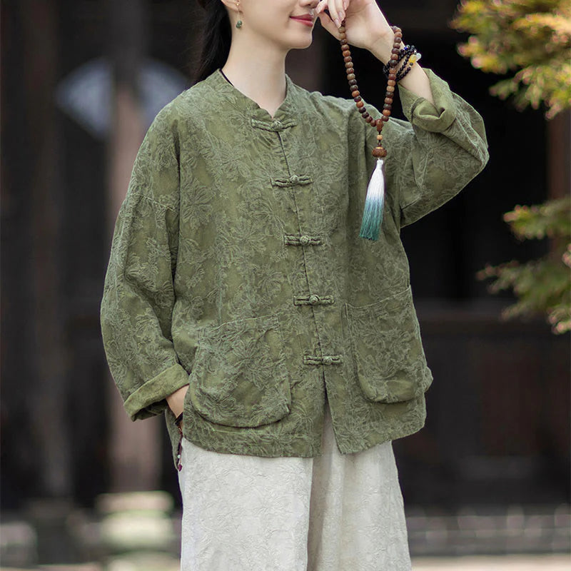 Buddha Stones Fall Jacquard Women's Frog-Button Long Sleeve Shirt Pants Cotton Linen Clothing