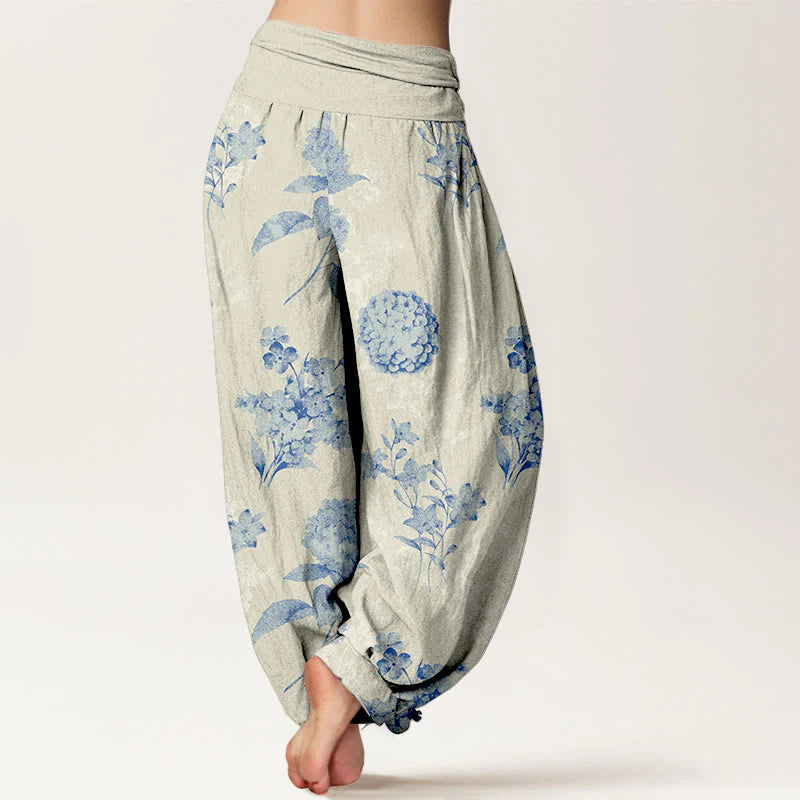 Buddha Stones Cotton Refresh Hydrangea Clustered Flowers Pattern Women's Elastic Waist Harem Pants