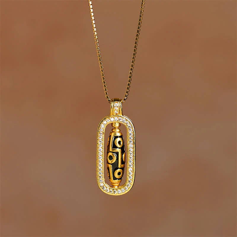Buddha Stones 24k Gold Plated Brass Nine-eye Dzi Bead Auspicious Pattern Wealth Pendant Necklace