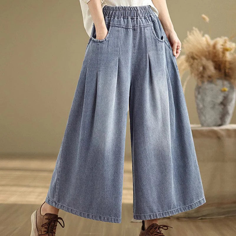Buddha Stones Fall Vintage Distressed Design High Waist Women's Wide Leg Pants With Pockets