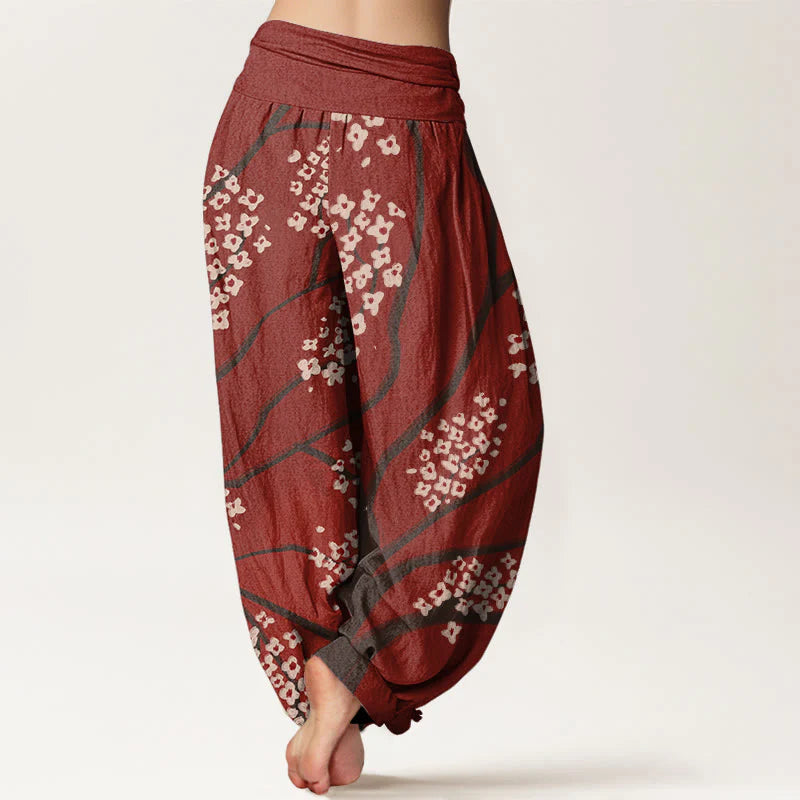 Buddha Stones Cotton Casual Plum Blossom Branch Pattern Women's Elastic Waist Harem Pants