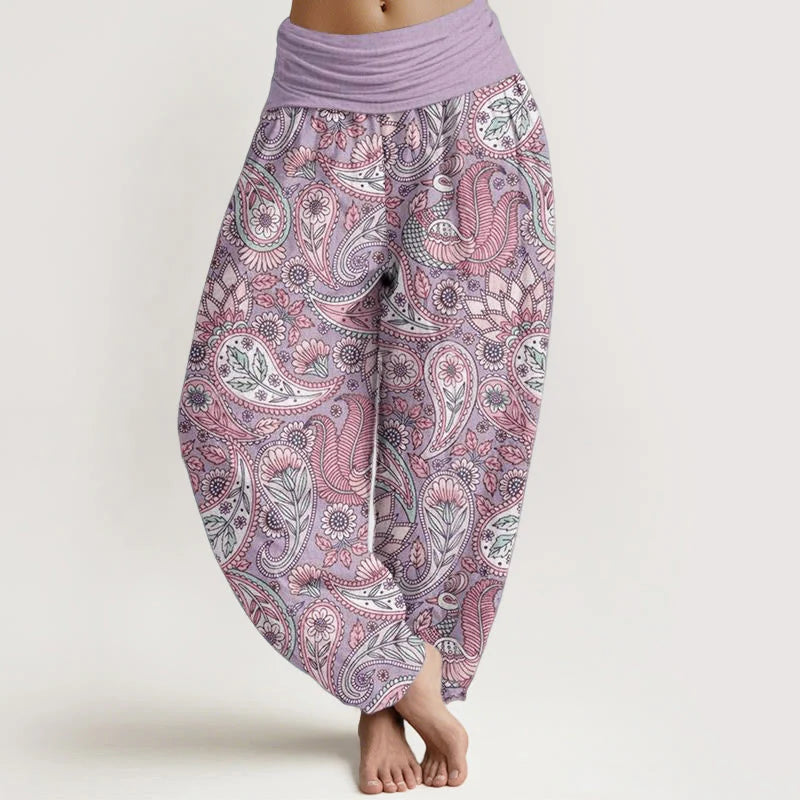Buddha Stones Cotton Cashew Flower Peacock Sunflower Design Women's Elastic Waist Harem Pants
