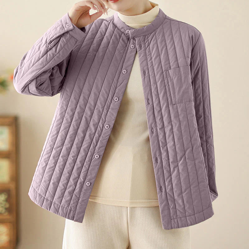 Buddha Stones Women's Stand Collar Simple Design Long Sleeve Thermal Cotton Jacket With Pocket