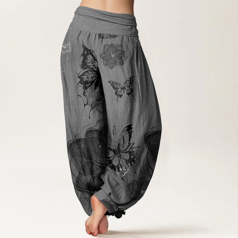 Buddha Stones Pure Cotton Butterfly Flowers Pattern Women's Elastic Waist Harem Pants