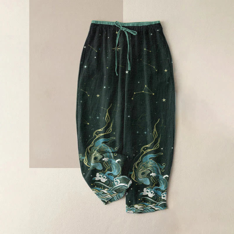 Buddha Stones Pure Cotton Starry Sky Ocean Mythical Beast Pattern Women's Elastic Waist Pants With Pockets
