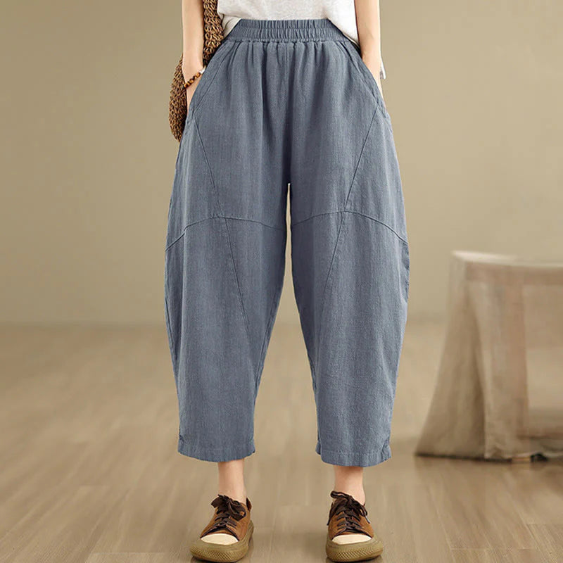 Buddha Stones Spring 7-8 Length Solid Color Women's Cotton Linen Harem Pants With Pockets