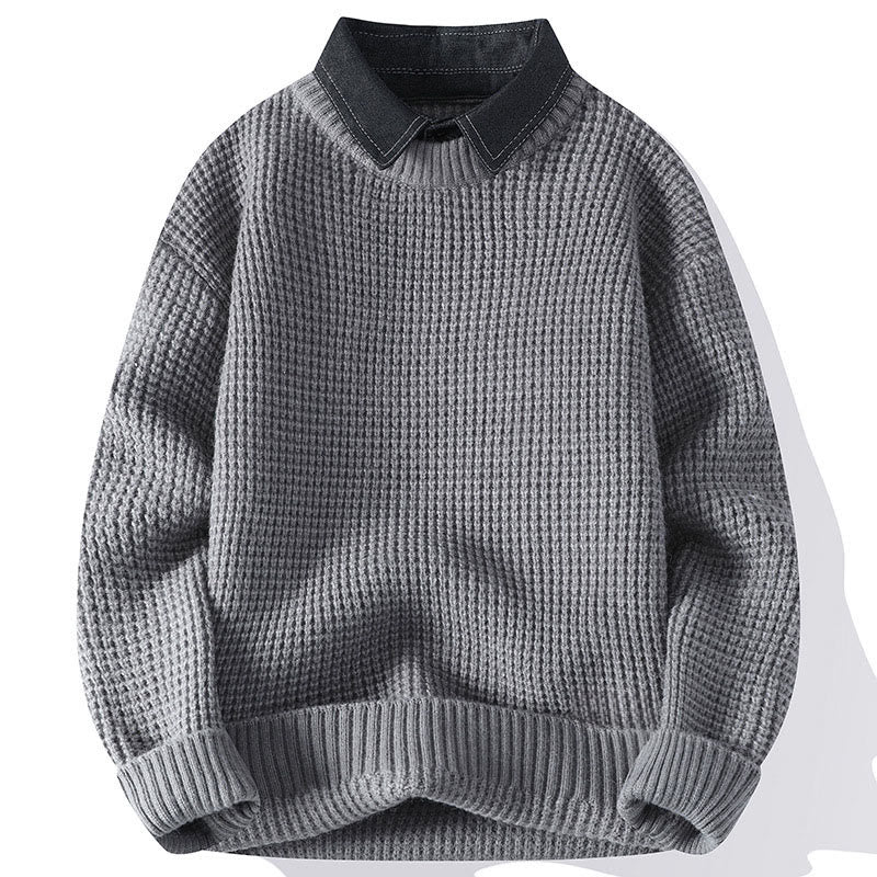 Buddha Stones Winter Black Stand Collar Waffle Pattern Warm Men's Long Sleeve Knitted Sweater