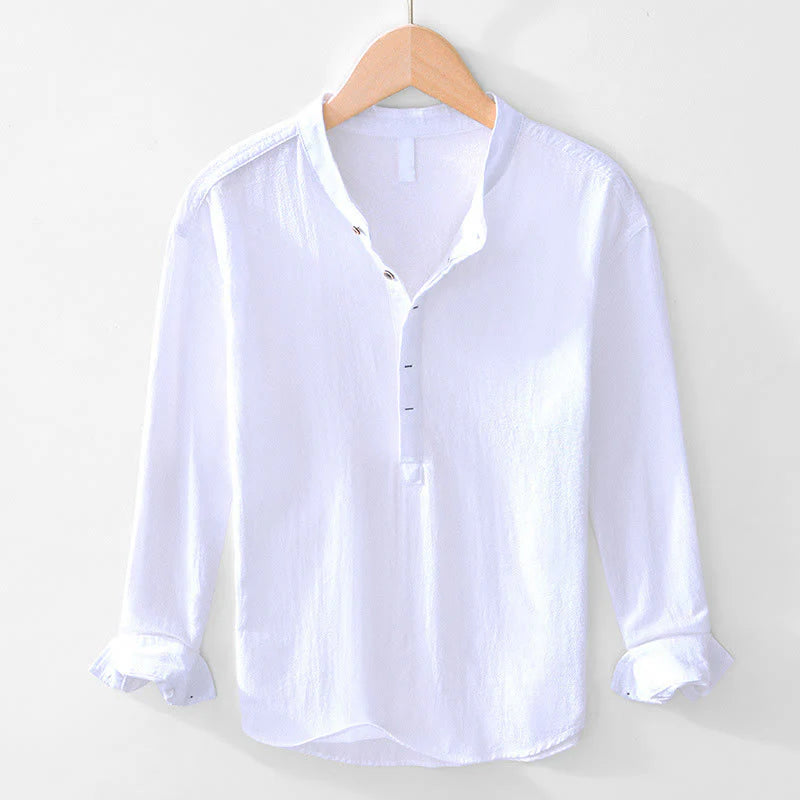 Buddha Stones Spring Fall Solid Long Sleeve Half Button Cotton Men's Shirts