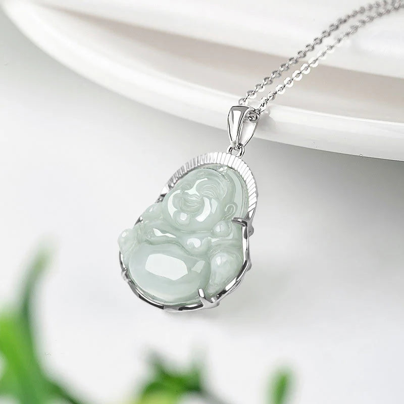 Buddha Stones Laughing Buddha Jade Luck Calm Titanium Steel Chain Necklace Pendant