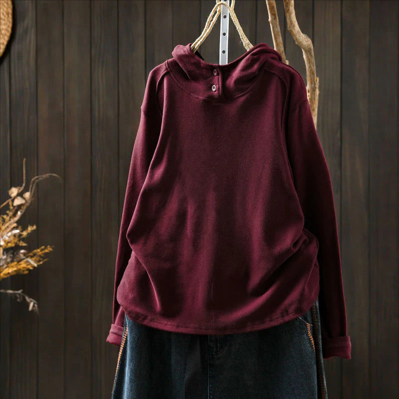 Buddha Stones Winter Solid Color Cotton Thickened Long Sleeve Women's Hoodie Has Hood
