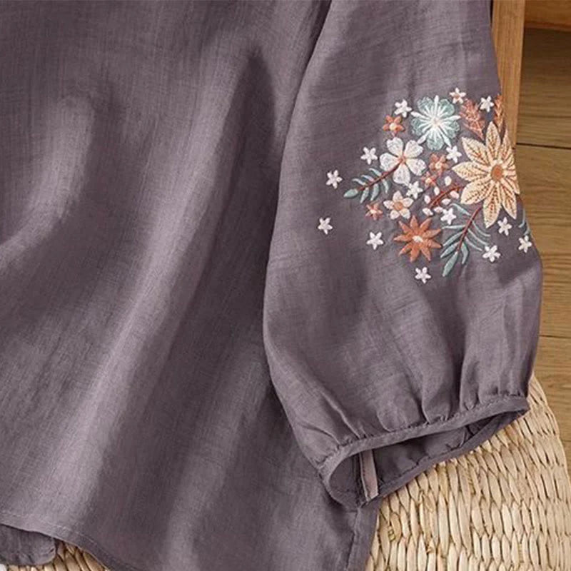 Buddha Stones Casual Flower Leaf Embroidery Women's Crew Neck Design Three Quarter Sleeve Cotton Linen T-shirt