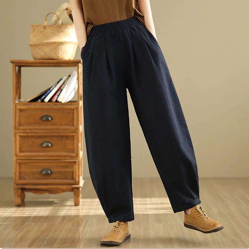 Buddha Stones Casual Solid Color Tapered Elastic Waistband Cotton Linen Women's Pants With Pockets
