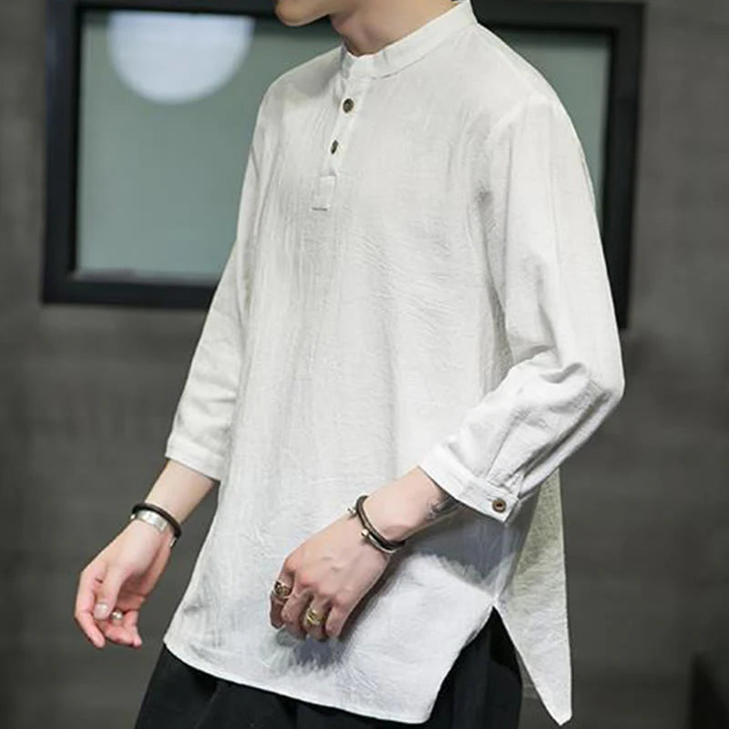 Buddha Stones Vintage Causal Pure Color Stand Collar Men's Three Quarter Sleeve Cotton Linen Shirt