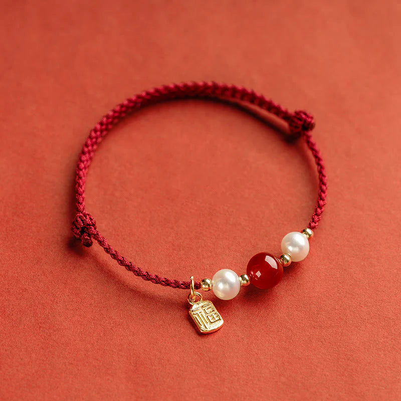 Buddha Stones 925 Sterling Silver Good Fortune Fu Character Agate Pearl Red String Braid Bracelet (Extra 30% Off | USE CODE: FS30)