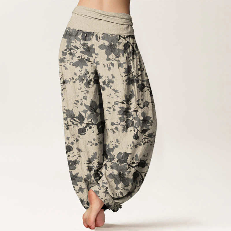 Buddha Stones Cotton Leaves Design Women's Elastic Waist Harem Pants