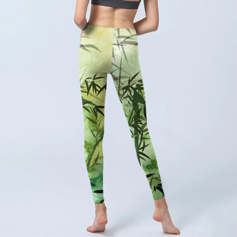 Buddha Stones Blooming Bamboo Pattern Print Gym Leggings Women's Yoga Pants