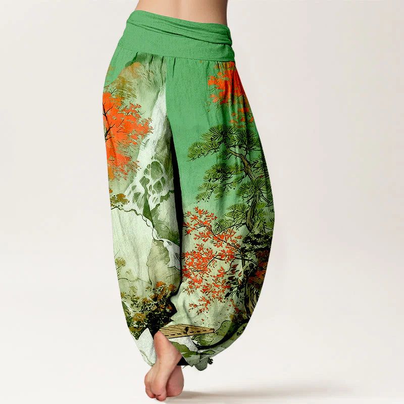 Buddha Stones Pure Cotton Color Coordinated Landscape Tree Pattern Women's Elastic Waist Harem Pants