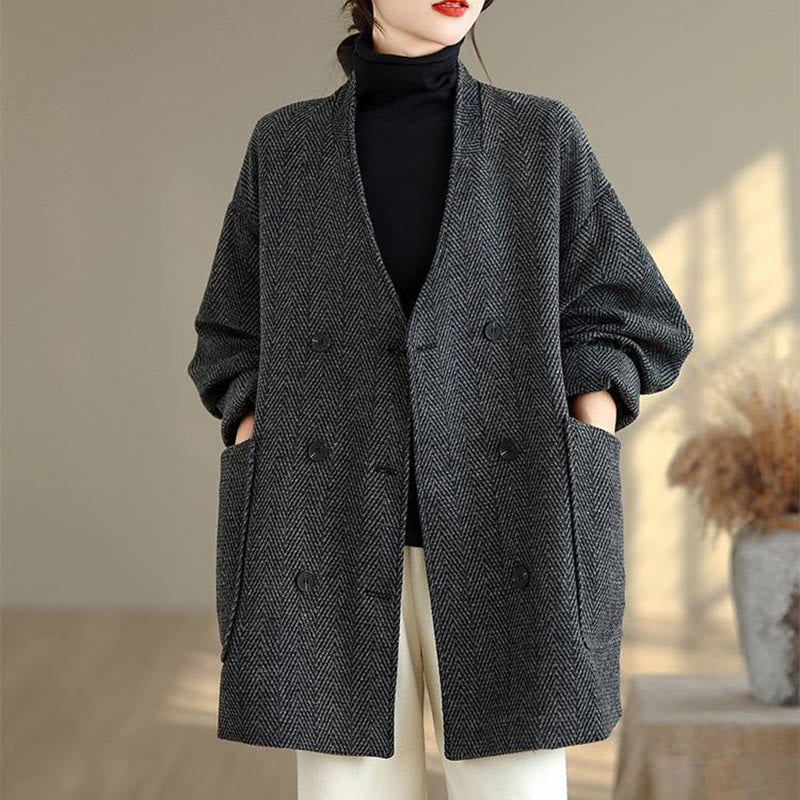 Buddha Stones Stripe V-Neck Cotton Long Sleeve Women's Coat With Pockets