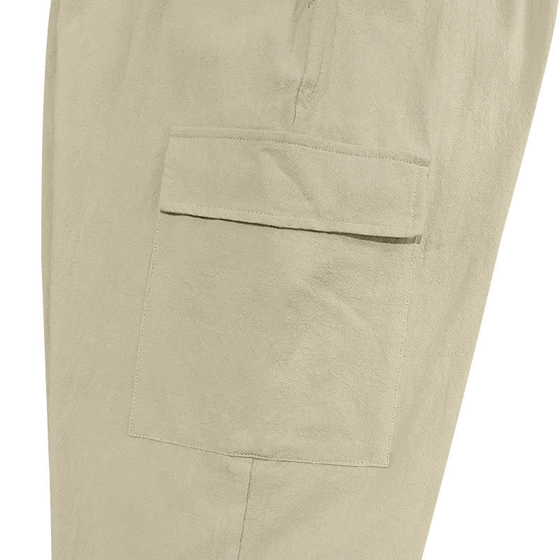 Buddha Stones Solid Color Linen Drawstring Men's Cargo Pants With Pockets