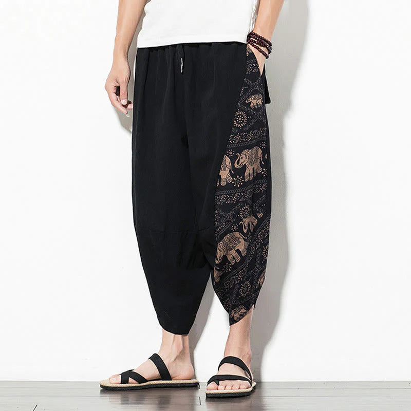 Buddha Stones Brown Elephant Print Cotton Men's Cropped Harem Pants With Pockets