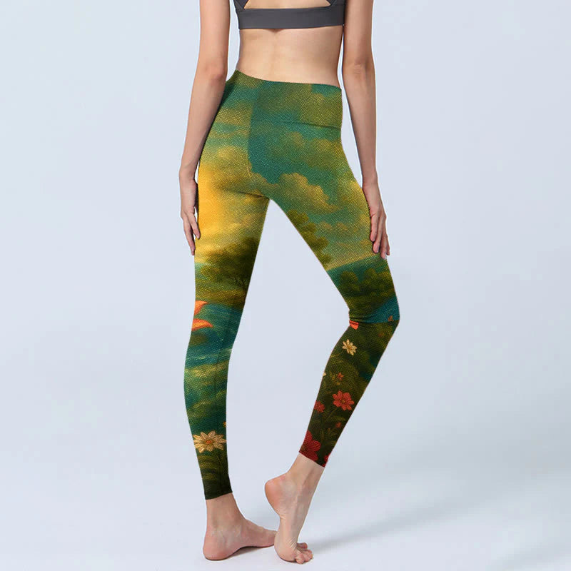 Buddha Stones Symmetrical Om Symbol Lotus Flower Small Flower Tree Cloud Pattern Print Gym Leggings Women's Yoga Pants