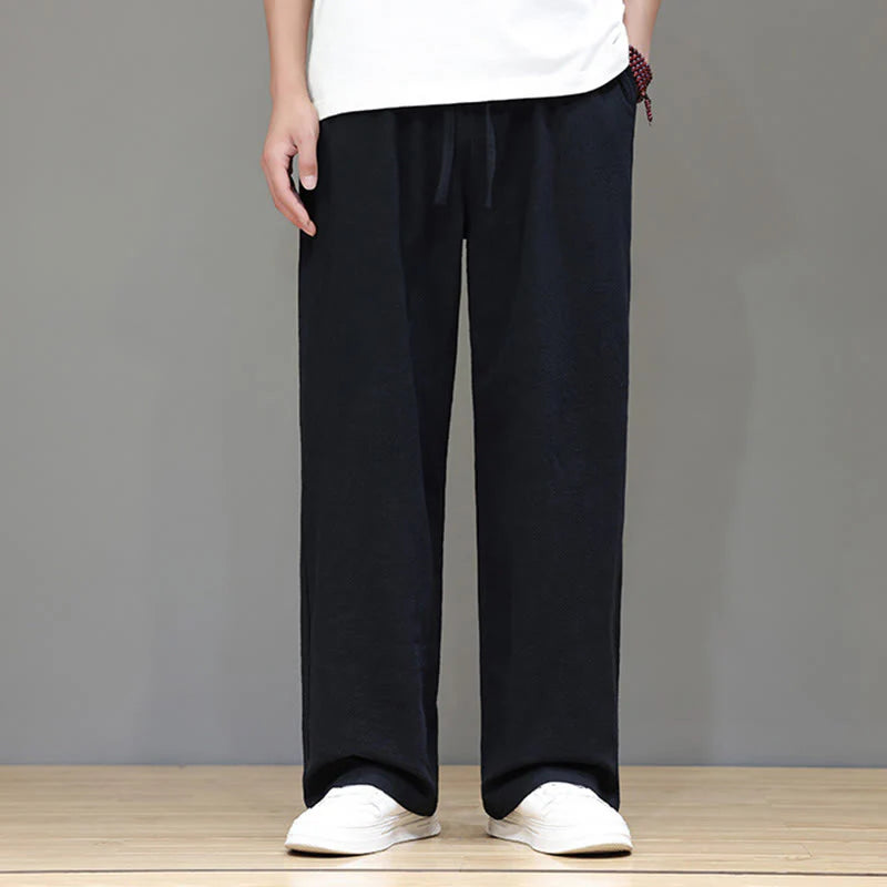 Buddha Stones Summer Men's Cotton Linen Straight Leg Pants With Pockets