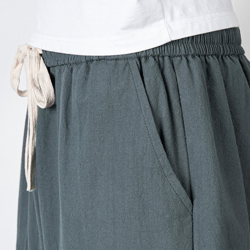 Buddha Stones Plain Drawstring Capri Length Men's Cotton Linen Harem Pants With Pockets