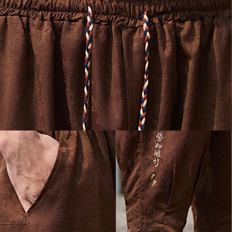 Buddha Stones Summer Character Embroidery Design Drawstring Men's 7-8 Length Pants With Pockets
