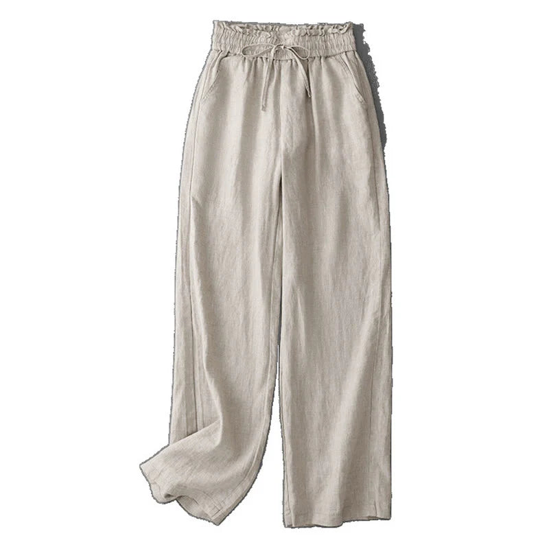 Buddha Stones Casual High Waist Ruffled Drawstring Design Women's Wide Leg Cotton Pants With Pockets