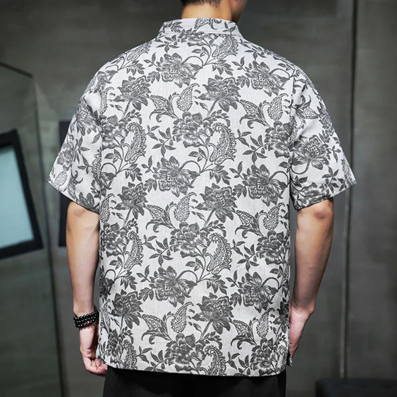 Buddha Stones Casual Jacquard Paisley Flower Plant Pattern Frog-Button Design Men's Cotton Shirt Cardigan With Pockets