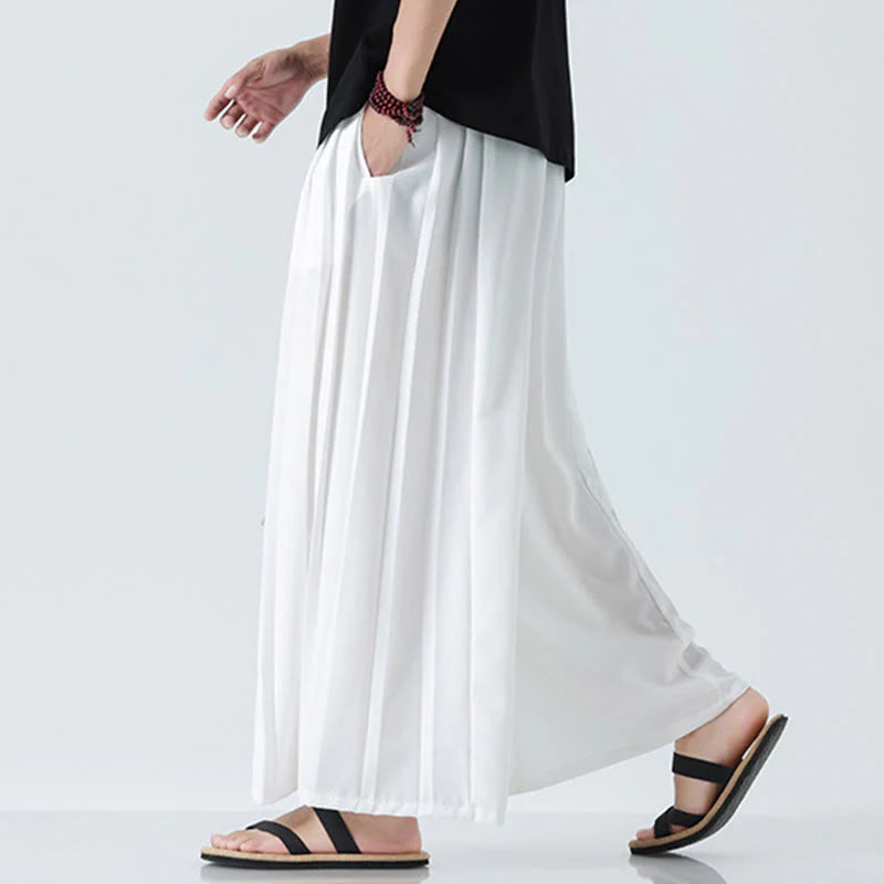 Buddha Stones Summer Dragon Drawstring Design Cotton Ankle-Length Men's Wide Leg Pants With Pockets