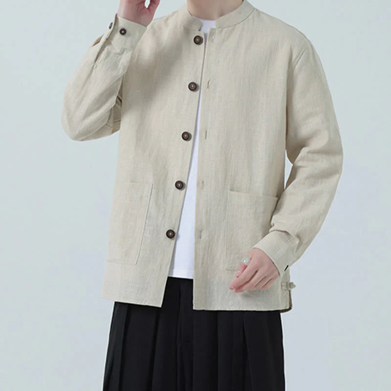 Buddha Stones Men's Button Ramie Linen Cotton Fleece Lined Jacket Shirt With Pockets