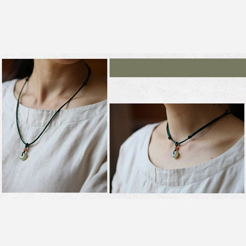 Buddha Stones Natural Round Jade Peace Buckle Lotus Abundance String Necklace Pendant