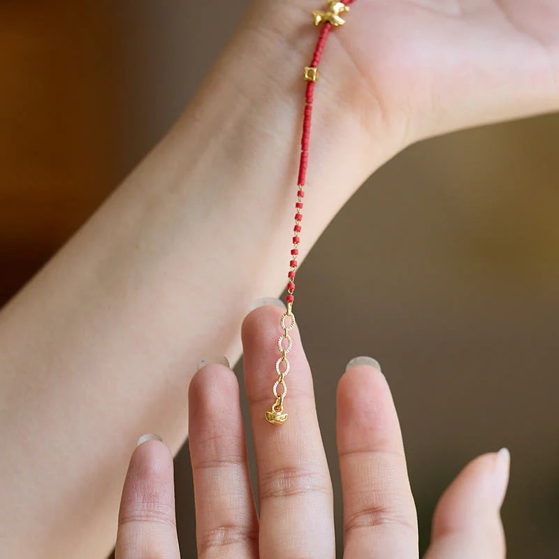Buddha Stones 925 Sterling Silver Plated Gold Year of the Horse Red Liuli Glass Prosperity Bracelet