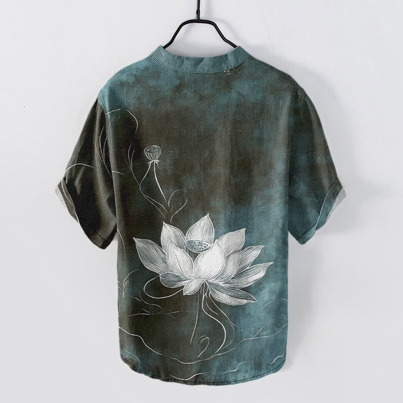 Buddha Stones Cotton Lotus Pattern Men's Short Sleeve Half Button Shirt