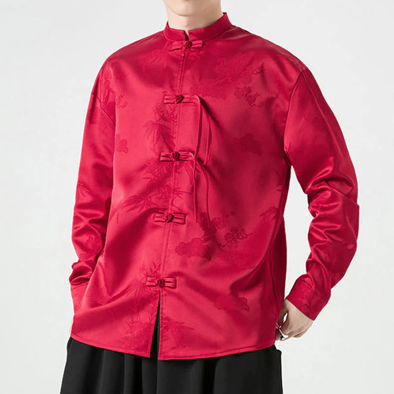 Buddha Stones Plain Frog-Button Design Tang Suit Men's Long Sleeve Jacket