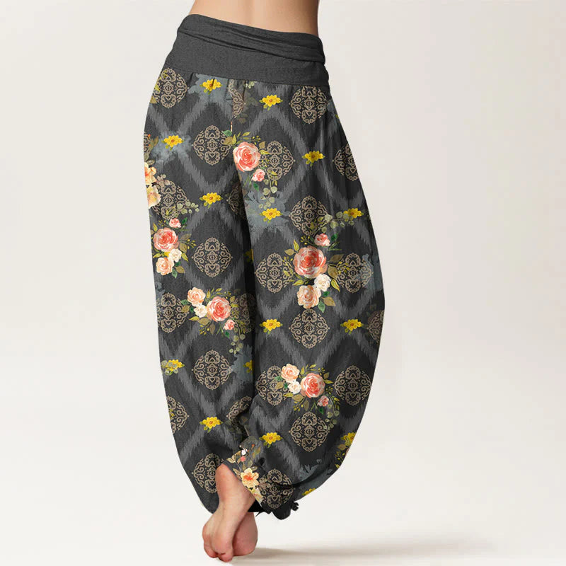 Buddha Stones Cotton Rose Geometric Colorful Flower Pattern Women's Elastic Waist Harem Pants
