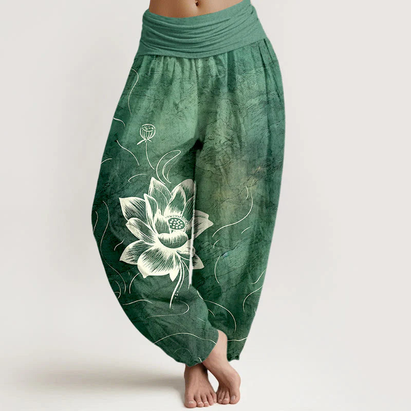 Buddha Stones Pure Cotton Lotus Flower Pattern Women's Elastic Waist Harem Pants