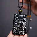 Buddha Stones Natural Black Obsidian Rectangular Dragon Engraved Success Necklace Pendant