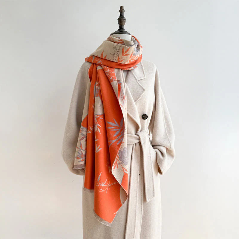 Buddha Stones Winter Fan Bamboo Peony Flowers Pattern Cozy Scarf Shawl