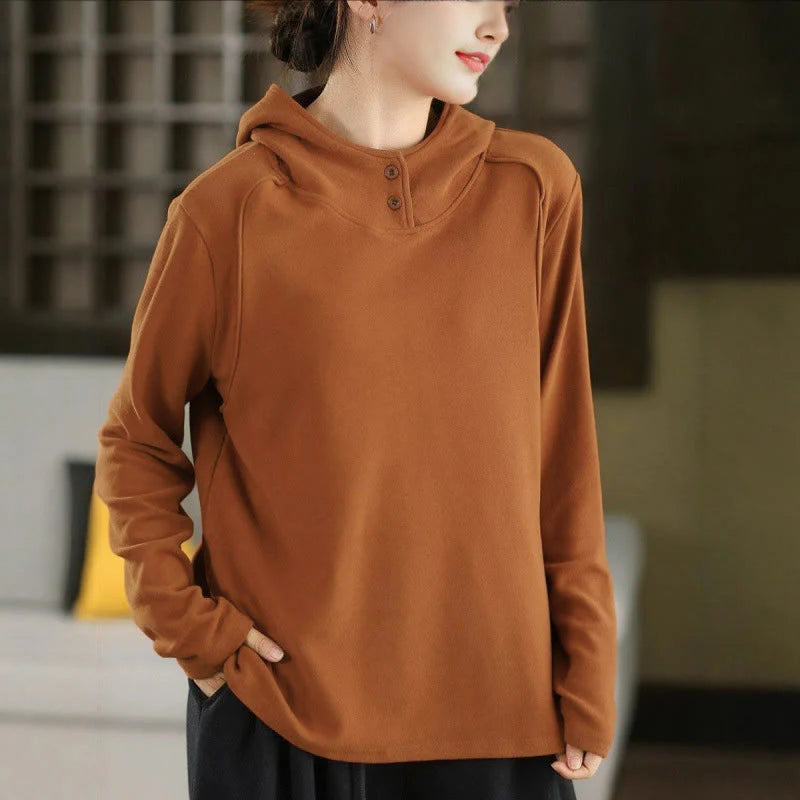 Buddha Stones Winter Solid Color Cotton Thickened Long Sleeve Women's Hoodie Has Hood