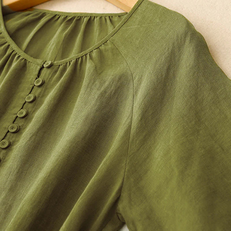 Buddha Stones Spring Plain Crew Neck Lace-up Half Sleeve Cotton Linen Midi Dress