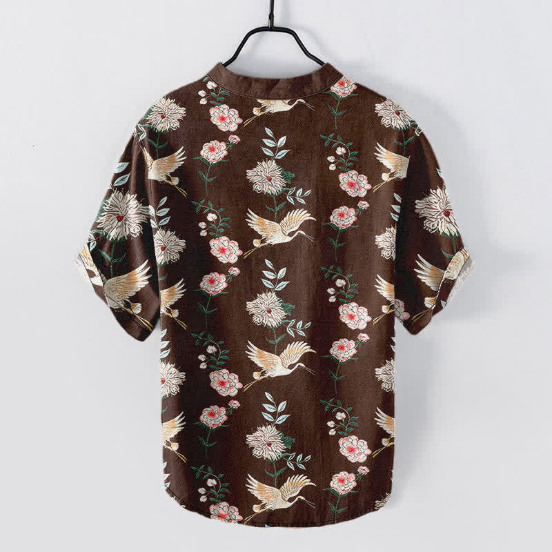 Buddha Stones Cotton Crane Floral Print Men's Short Sleeve Half Button Shirt