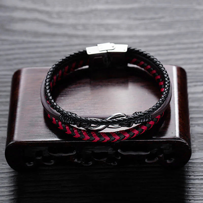 Buddha Stones Infinitely Design Titanium Steel Braided Three-layer Leather Balance Bracelet