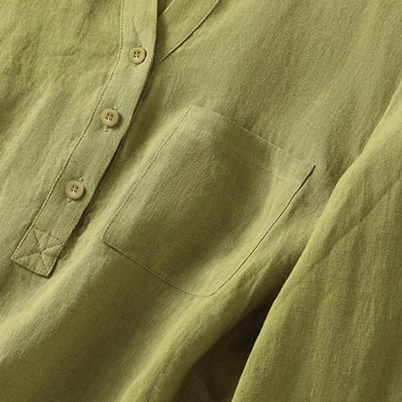 Buddha Stones Spring Dark Khaki Stand Collar Half Buttons Design Women's Long Sleeve Shirt
