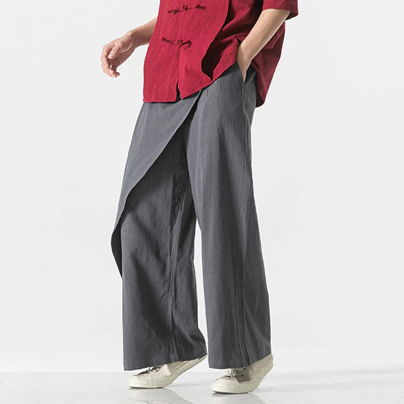 Buddha Stones Asymmetrical Patched Design Plain Men's Cotton Pants With Pockets