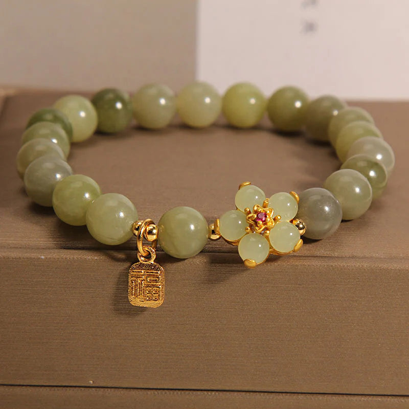Buddha Stones Green Jade Flower Fu Character Charm Luck Bracelet