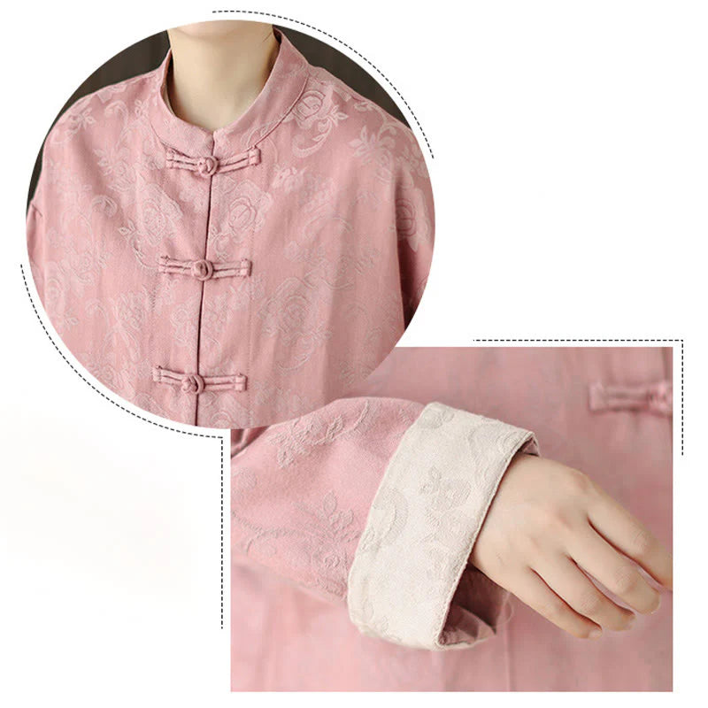 Buddha Stones Fall Floral Print Frog-Button Stand Collar Long Sleeve Women's Cotton Shirt